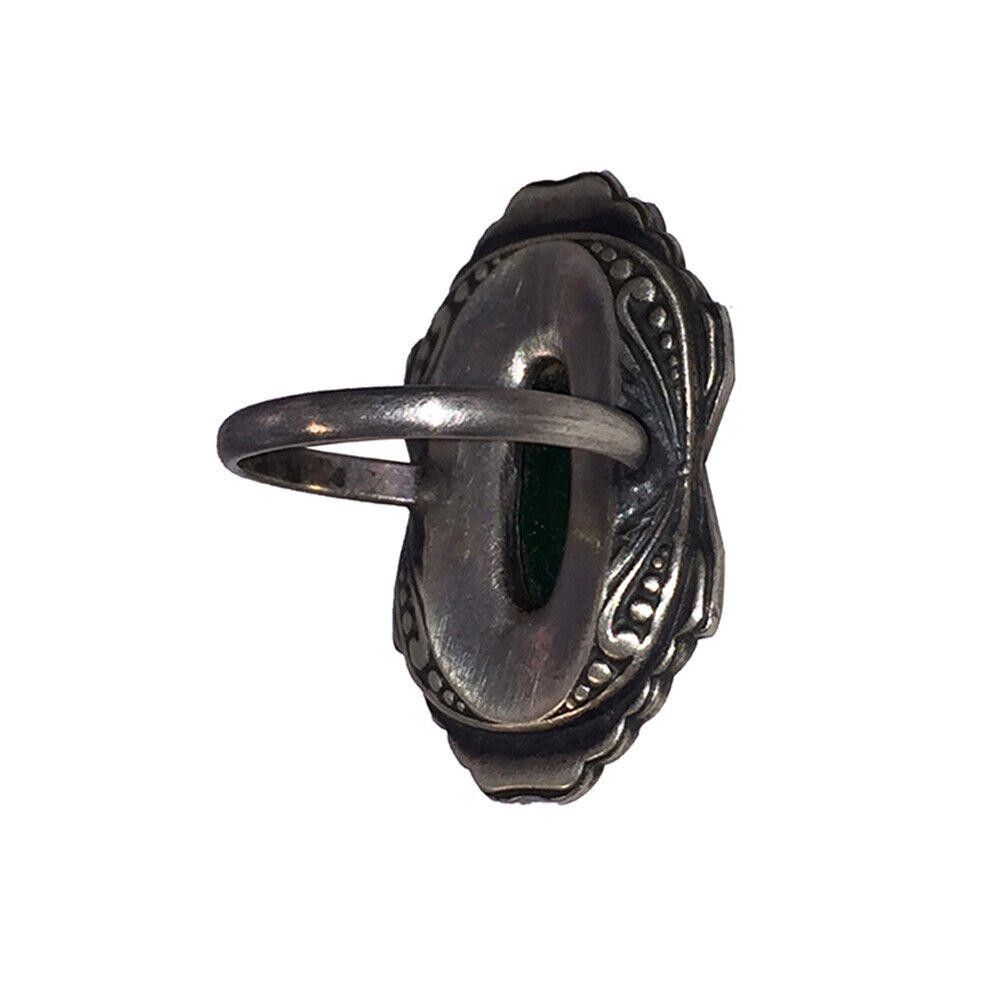 Designer Art Deco Sterling Oblong Green Chrysoprase & Marcasite Ring Size ONE SIZE - 4 Thumbnail