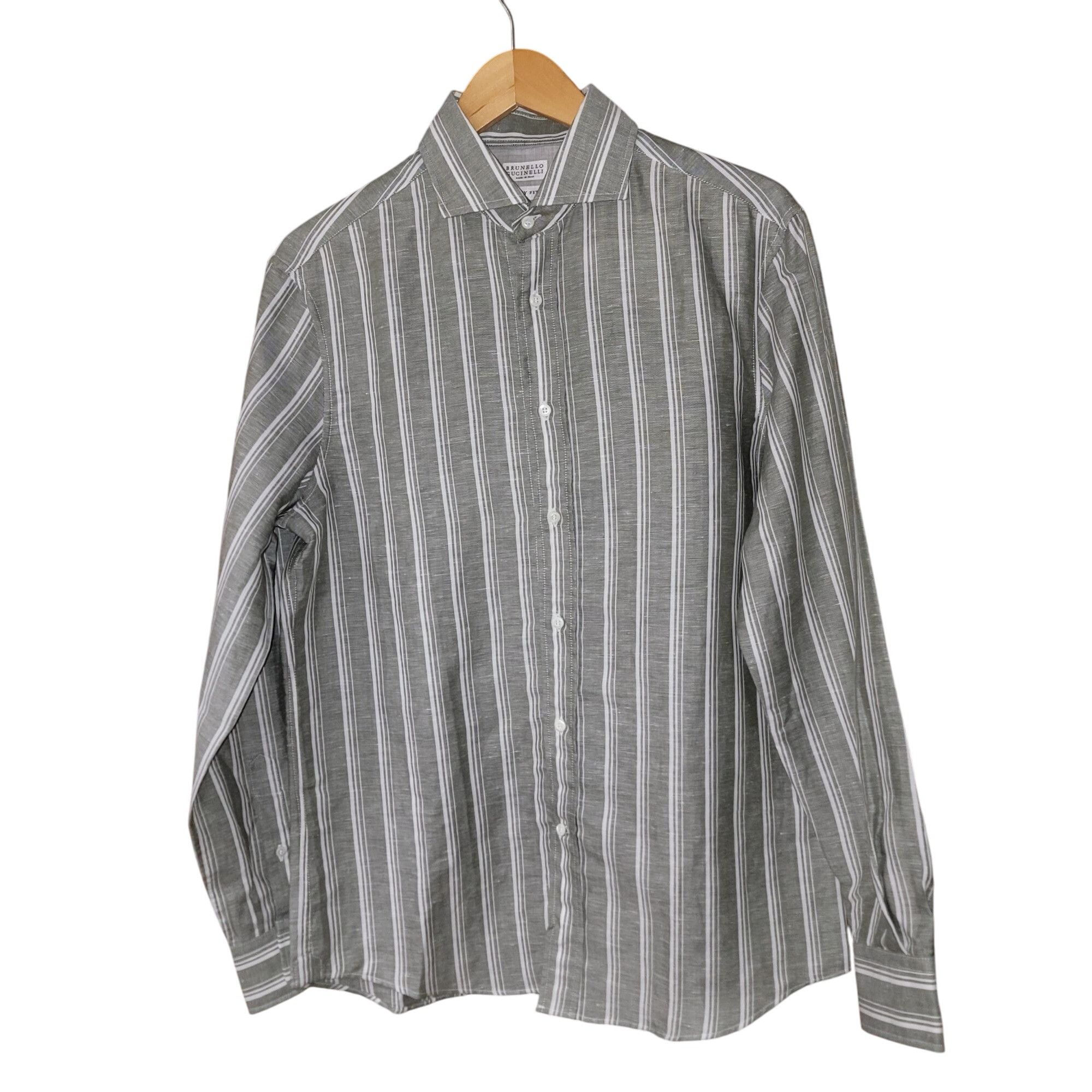 Brunello Cucinelli Brunello Cucinelli Men’s Linen Button-Down Shirt Gray White Size US M / EU 48-50 / 2 - 1 Thumbnail