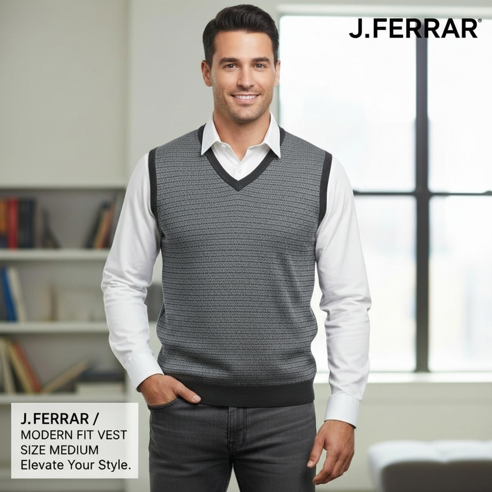 J Ferrar J. Ferrar Modern Fit V-Neck Sweater Vest Medium Gray Black Size US M / EU 48-50 / 2 - 1 Thumbnail