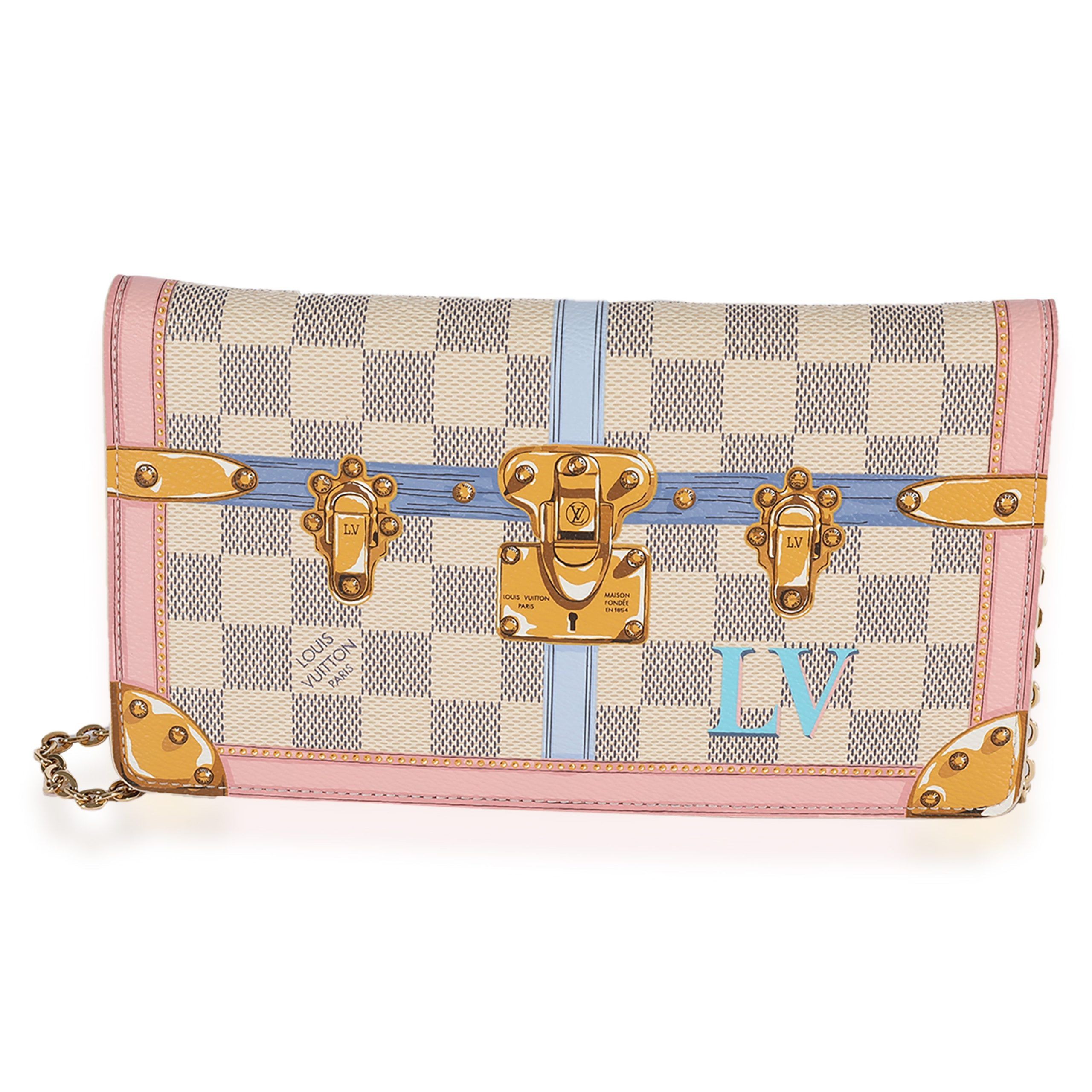 image of Louis Vuitton Damier Azur Summer Trunks Chain Pochette in White, Women's
