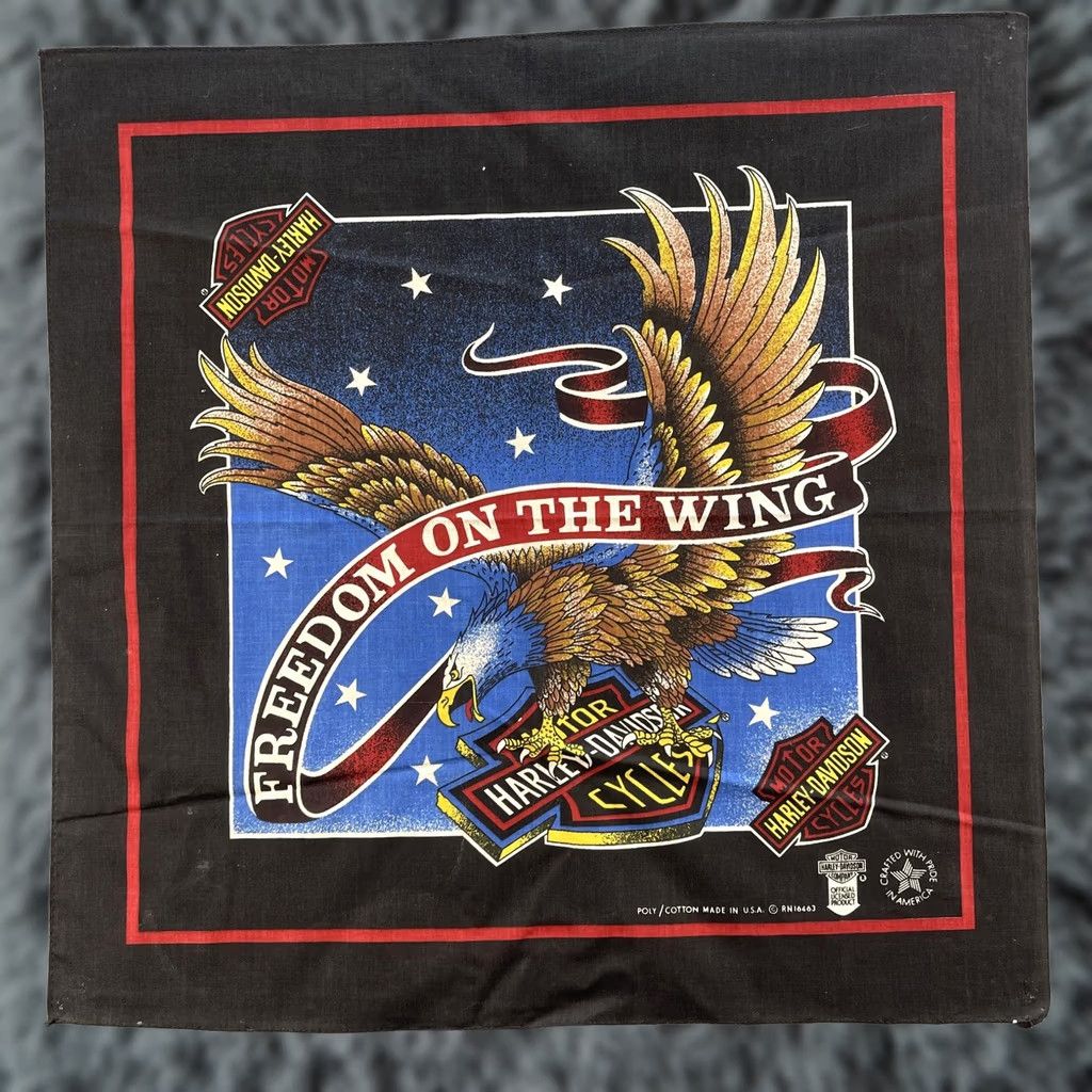 Harley Davidson VINTAGE Harley-Davidson Bandana Western/Bandana Eagle Black Red USA Made 80s Mens One Size Cotton Polyester Bandana Graphic Eagle 1980s USA Made Size ONE SIZE - 1 Thumbnail