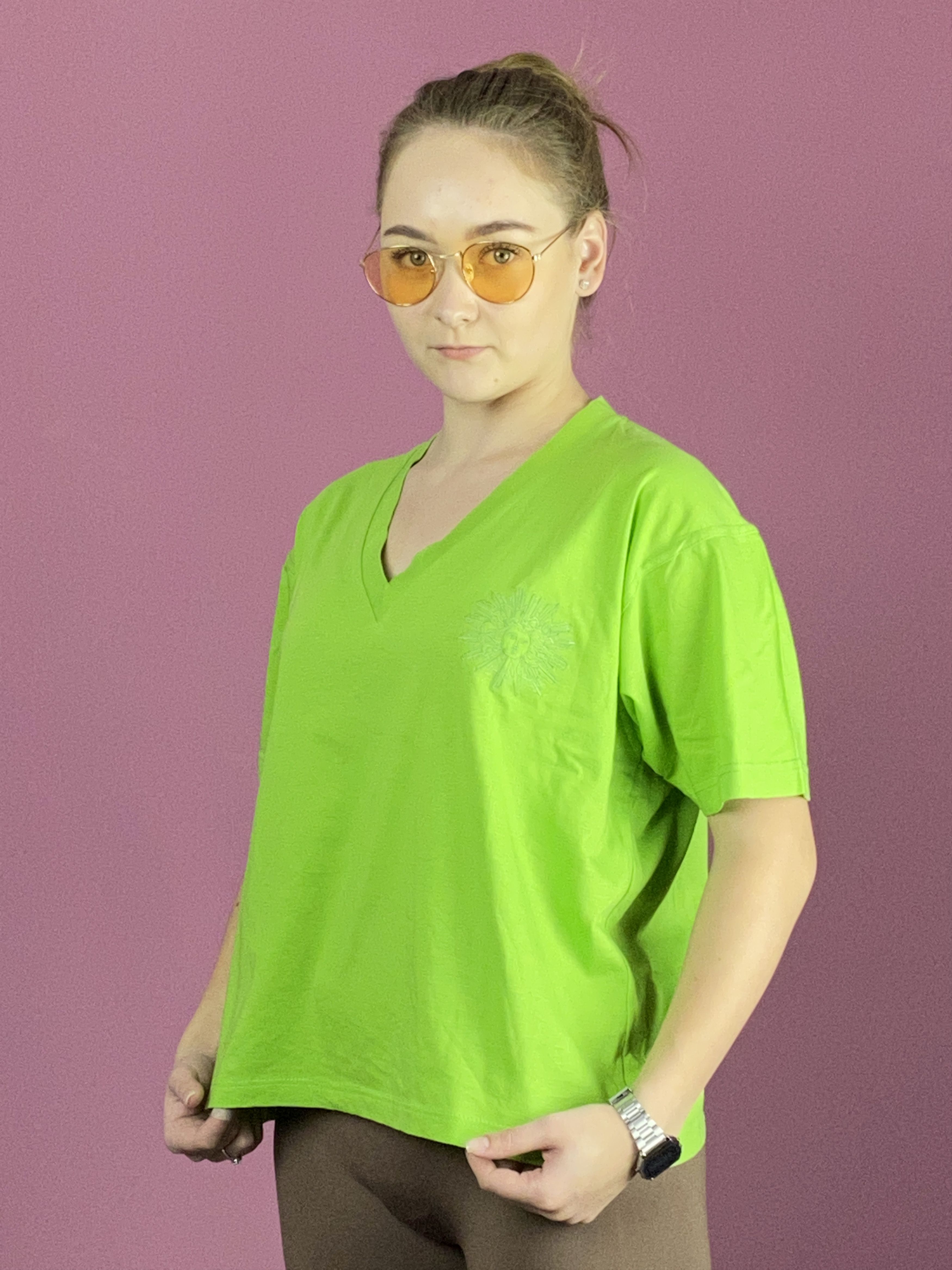 Versace × Vintage 90s Versace Sport Vintage Women's V Neck T-Shirt - L Size S / US 4 / IT 40 - 2 Thumbnail