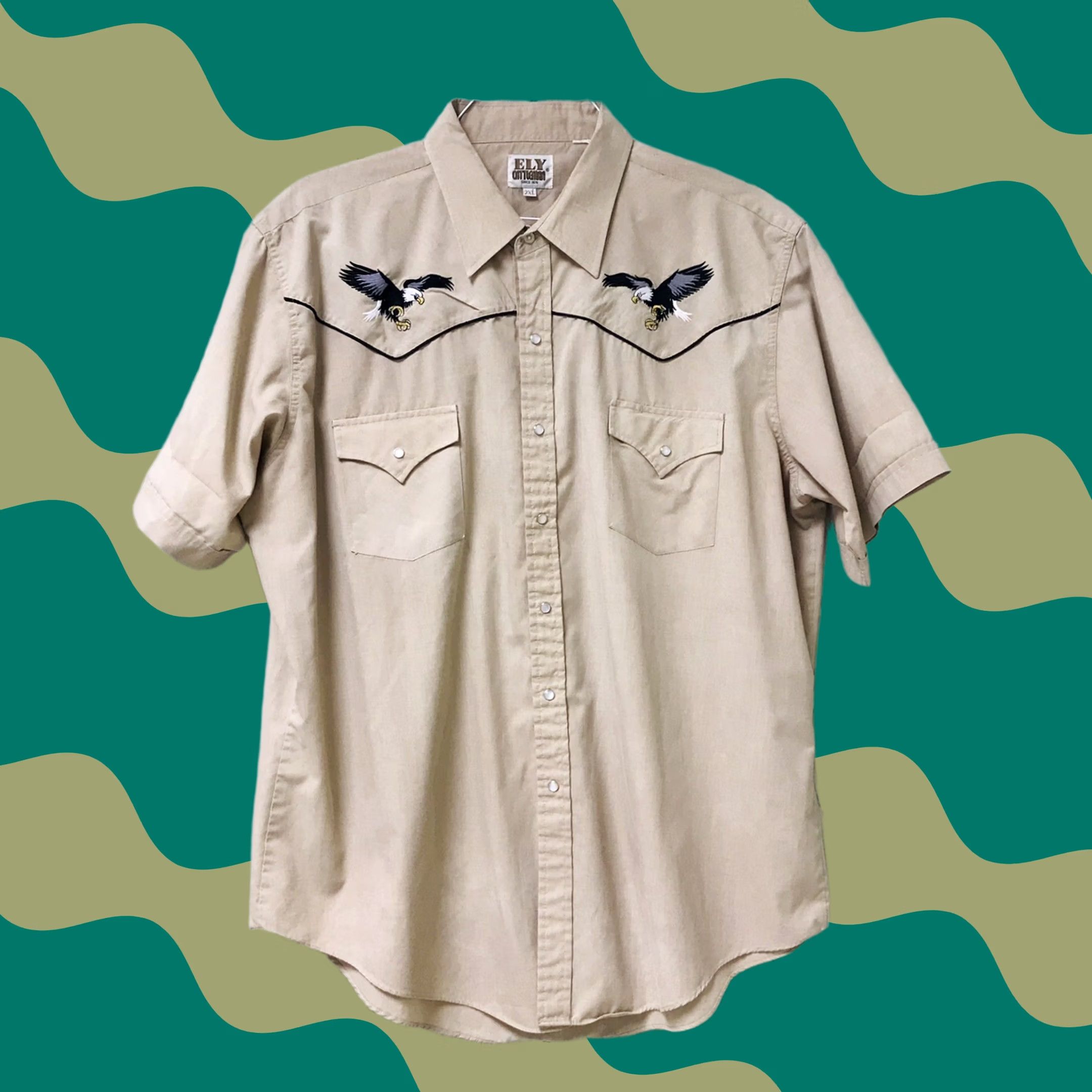 Vintage VINTAGE Ely Cattleman Diamond Western Shirt Men 2XL Beige Short Sleeve Embroidered Eagles Button-Up Surfaced Pearl Snap Cowboy Size US XXL / EU 58 / 5 - 1 Thumbnail