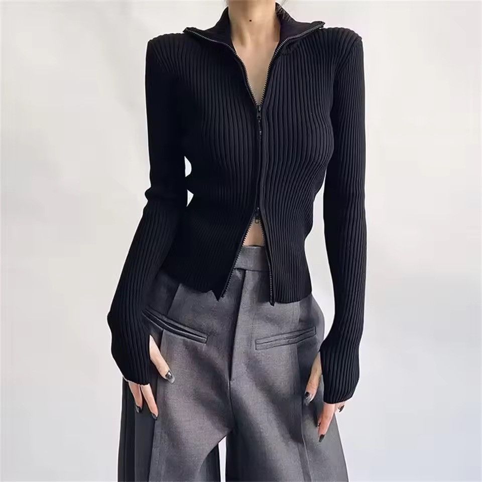 Japanese Brand 🔥 Sleek Ribbed Zip-Up Sweater | High Neck, Soft Polyester | Size S / US 4 / IT 40 - 3 Thumbnail