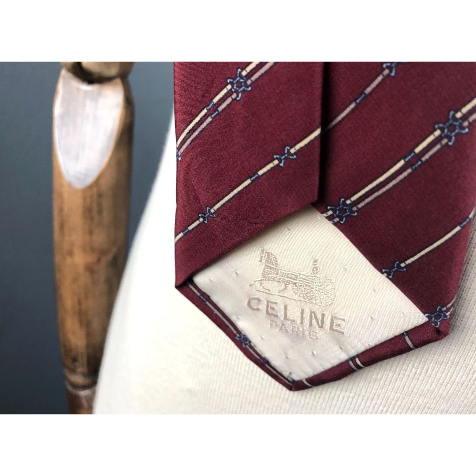 Celine CÉLINE Paris Silk Men Tie Striped Hand Made Burgundy 100% Silk Classic Neckwear Size ONE SIZE - 6 Thumbnail