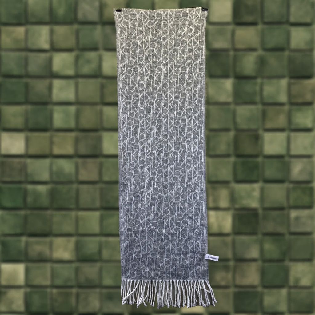 Calvin Klein VINTAGE Calvin Klein Gray White Knit Rectangular Fringed CK Logo Womens Scarf-5241 Size ONE SIZE - 1 Thumbnail