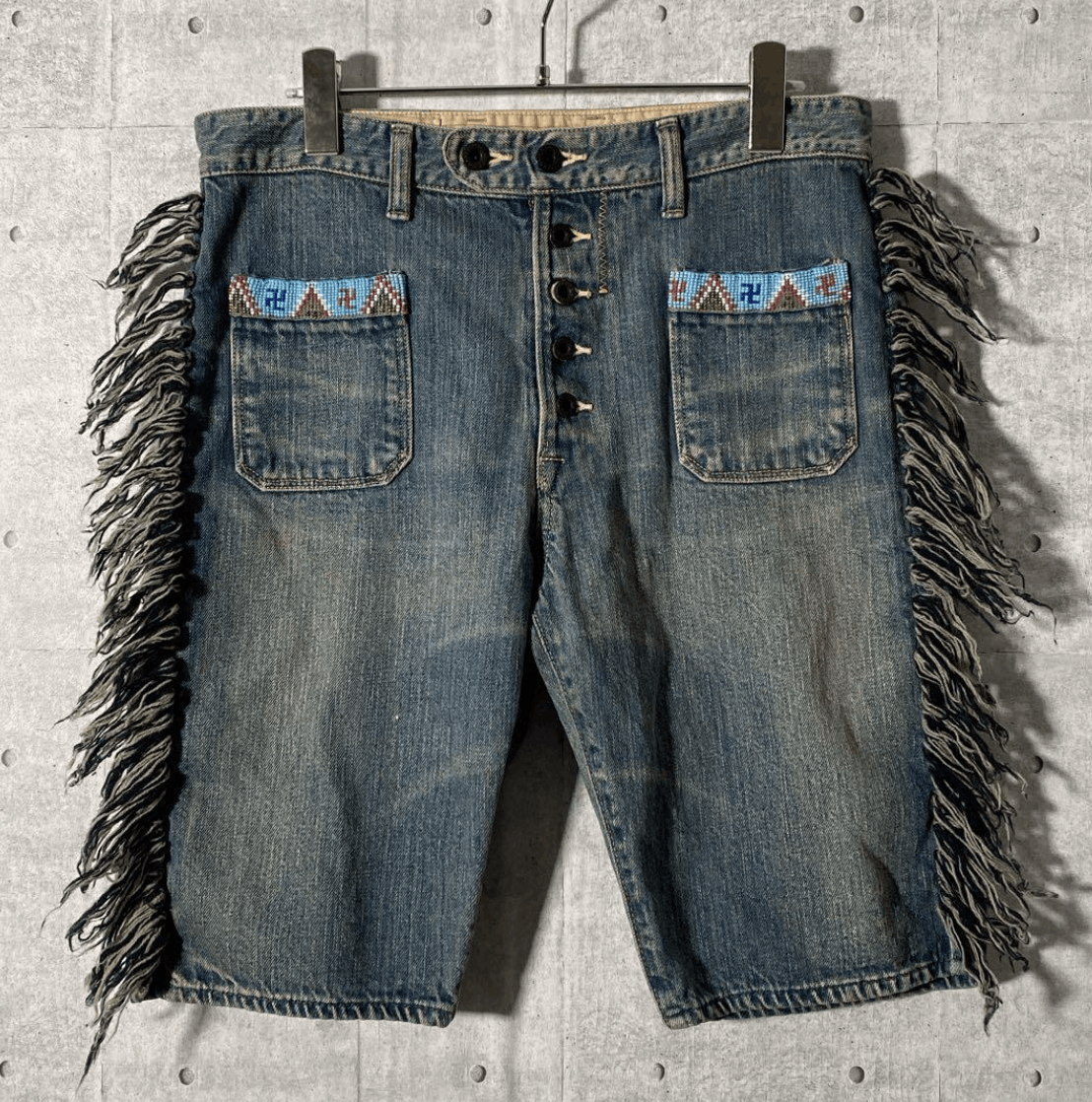 image of Kapital Capital Fringe Beaded Denim Shorts Made In Japan 2000S in Indigo, Men's (Size 34)