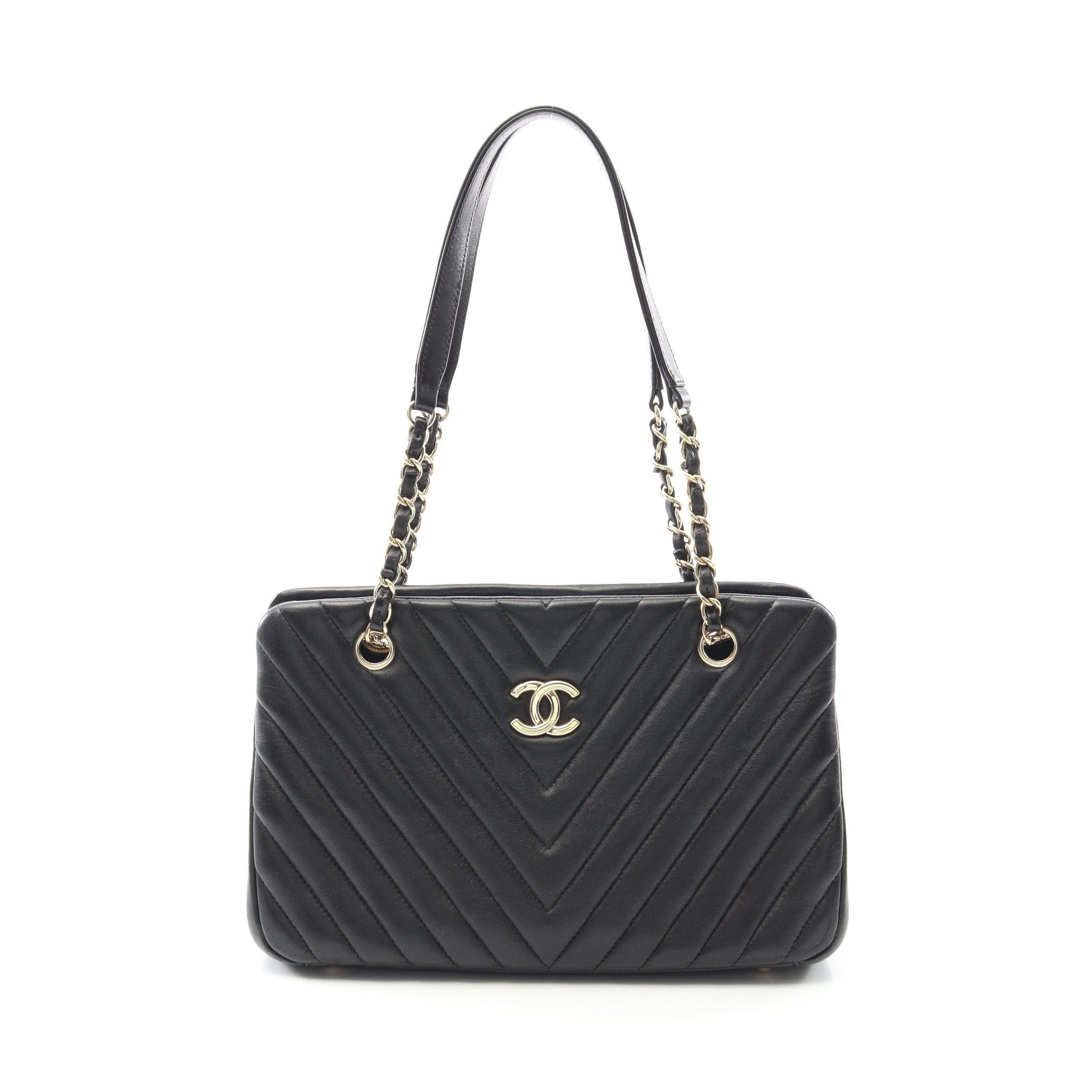Chanel V-Stitch Chevron Chain Shoulder Bag Tote Lambskin Black Gold Hardware, Women's