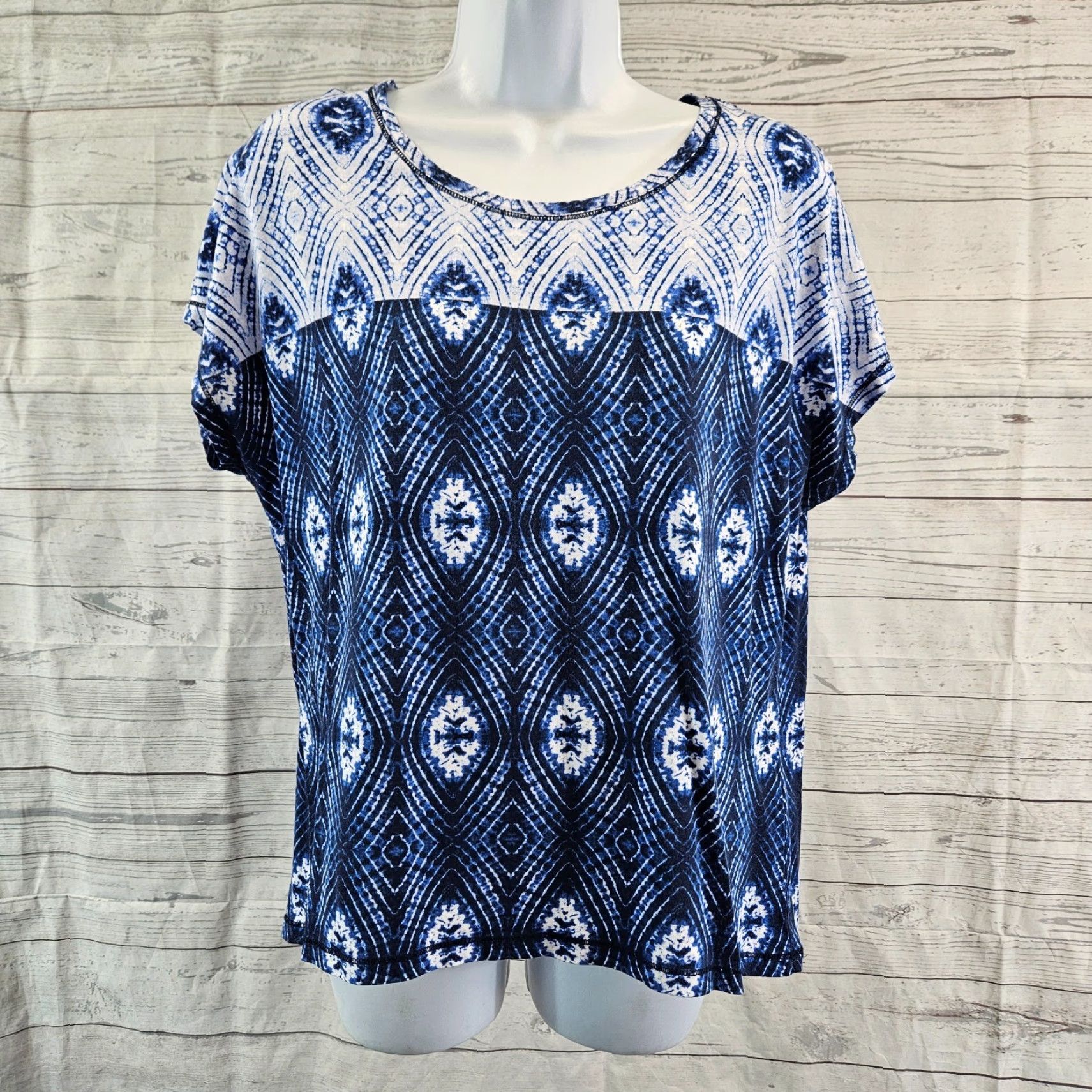 Vintage Chicos Zenergy Womens Top Sz Large Blue Cotton Blend Short Sleeve Printed Size L / US 10 / IT 46 - 2 Thumbnail