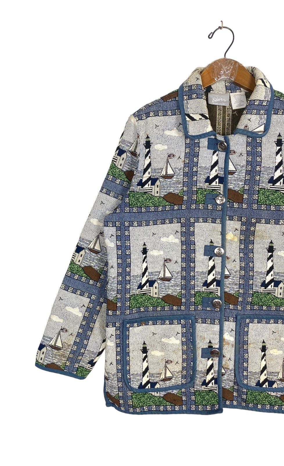 Vintage Vtg Blair Nautical Sailboat Lighthouse Tapestry Jacket Lined Size L / US 10 / IT 46 - 2 Thumbnail