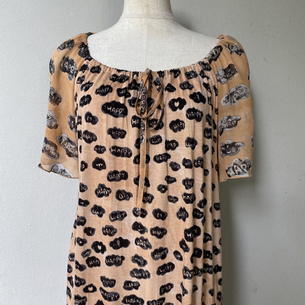 Tsumori Chisato Tsumori Chisato Beige Printed Dress Puff Sleeves Tie Neck Size XS / US 0-2 / IT 36-38 - 2 Thumbnail