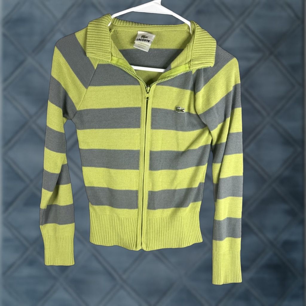 Lacoste Lacoste Womens Small Green Gray Stripe Collared Full Zip Knit Sweater Cardigan Size S / US 4 / IT 40 - 1 Thumbnail