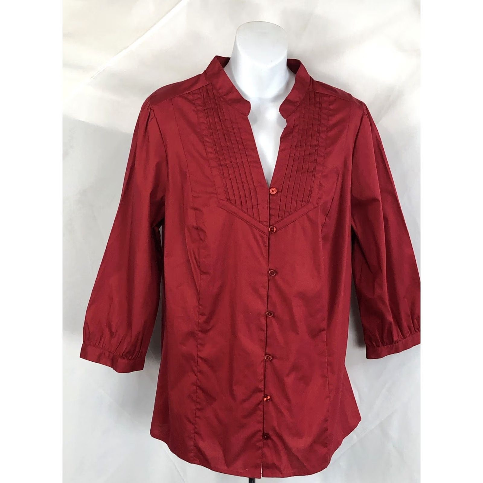 Vintage St. John'S Bay Top 1X Red Button Up Pleated 3/4 Sleeves Mock Collar Career Holiday - Cotton, Spandex Size XL / US 12-14 / IT 48-50 - 5 Thumbnail