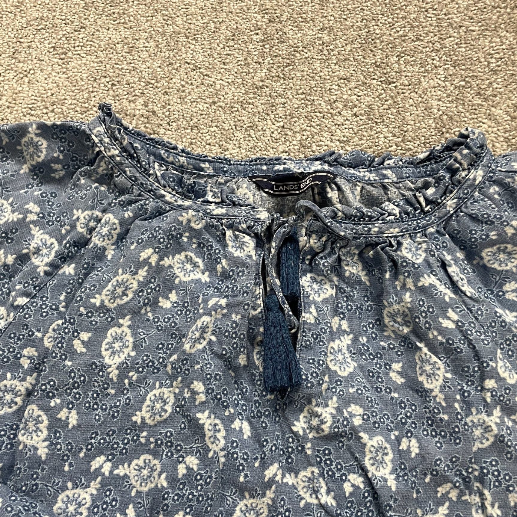 Lands' End Lands' End Linen Blouse Womens 3XL Blue Floral 3/4 Sleeve Tassel Relaxed Tunic Shirt Size XXL / US 16-18 / IT 52-54 - 3 Thumbnail
