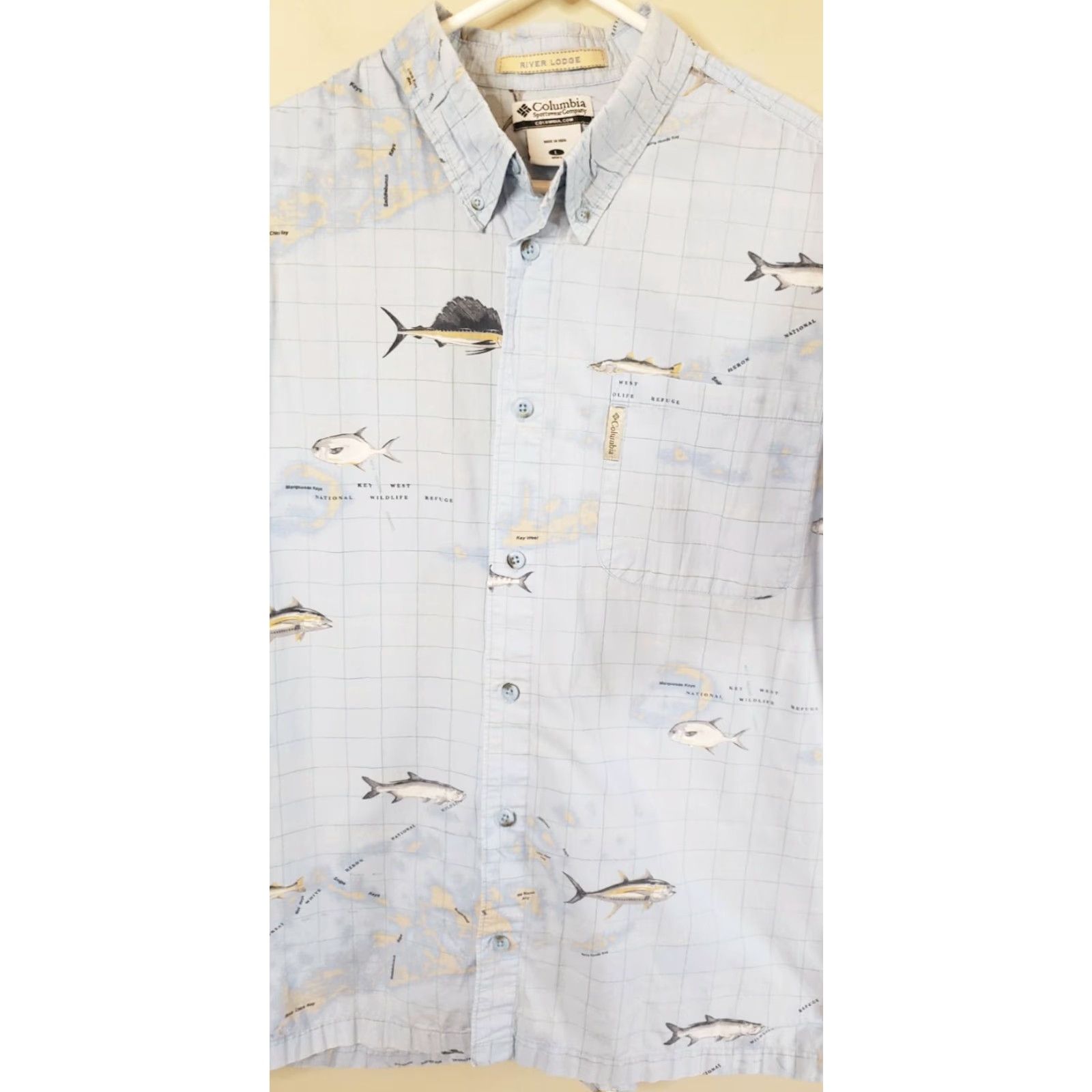Vintage Columbia River Lodge Men's Blue Shirt Button Front Short Sleeve Sea Fish Key W Pattern: Fishing Size US L / EU 52-54 / 3 - 2 Thumbnail