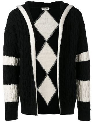 image of Saint Laurent Paris Baja Cable Knit Hooded Cardigan in Black/White, Men's (Size Large)