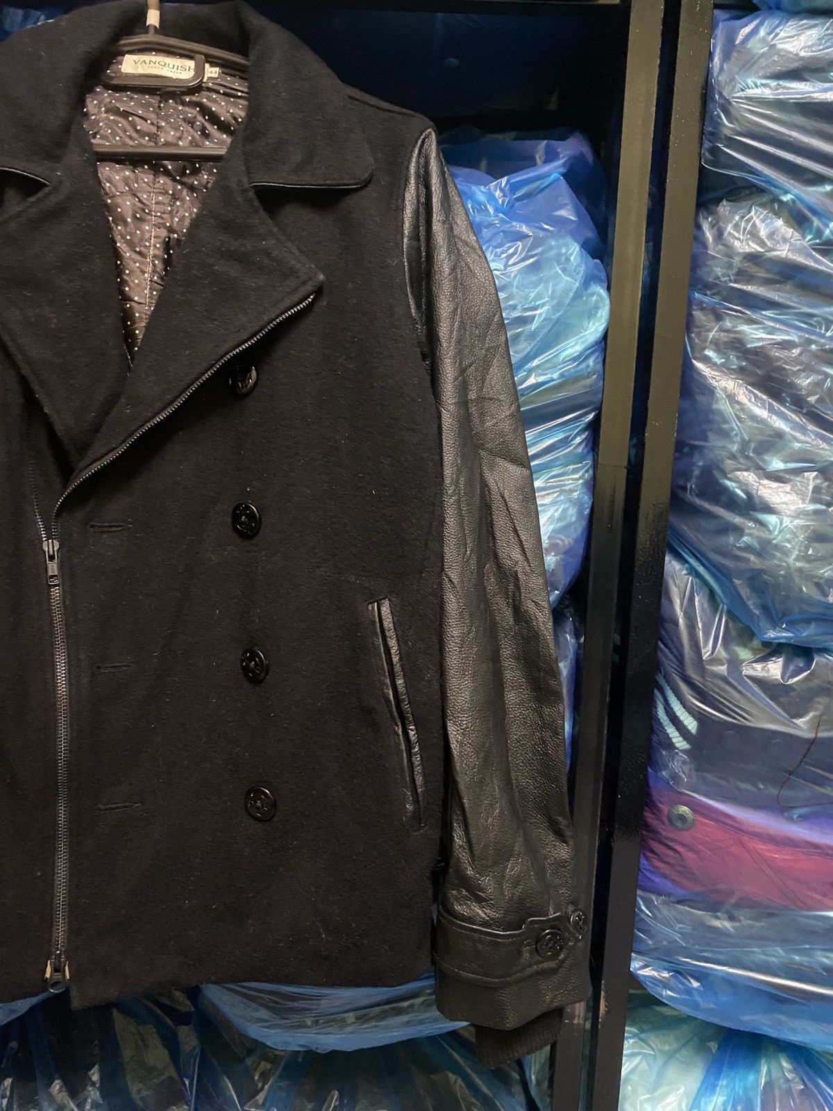 Vanquish Vanquish Tokyo Black Wool Leather Sleeve Biker-Style Peacoat Size US S / EU 44-46 / 1 - 4 Thumbnail