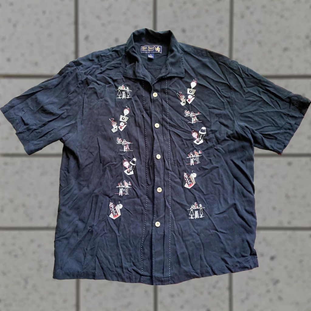 Nat Nast Nat Nast Shirt Mens XL Black Silk Button-Up Collared Short Sleeve Embroidered Limited Edition Size US XL / EU 56 / 4 - 1 Thumbnail