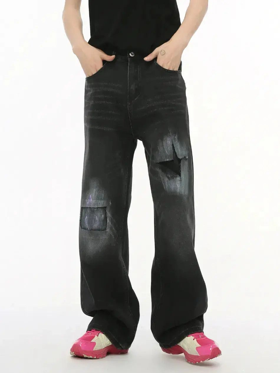 Japanese Brand Retro loose straight black ripped jeans Size US 32 / EU 48 - 1 Thumbnail