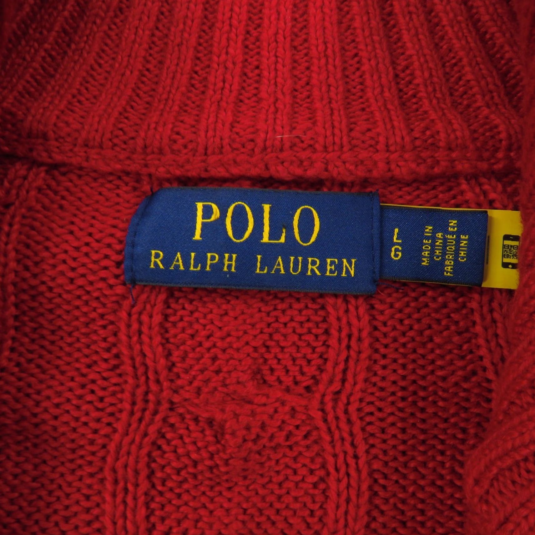 Polo Ralph Lauren Sweater Mens Large Red 1/4 Zip Pullover Cableknit Navy Pony