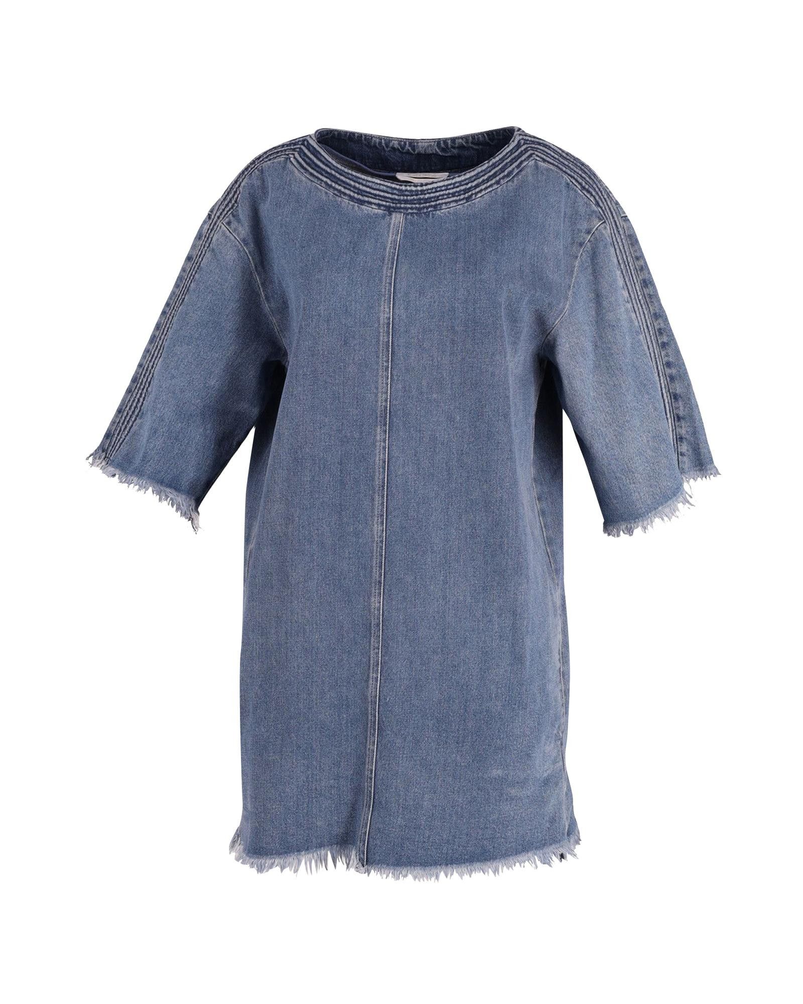 image of Chloe Frayed Blue Cotton Denim Mini Dress, Women's (Size XS)