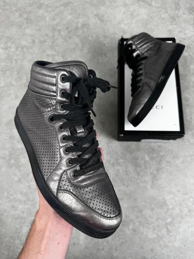Gucci Gucci Silver Perforated Leather High-Top Sneakers Size US 8.5 / IT 38.5 - 1 Thumbnail