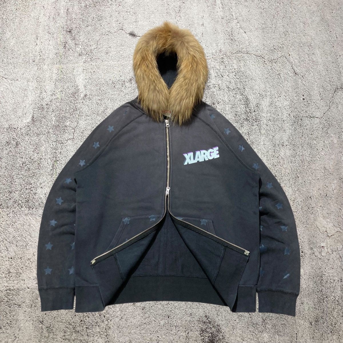 Japanese Brand Vintage Trashed Xlarge Stars Logo Fur Ziphoodie Y2k Black Size US XL / EU 56 / 4 - 8 Thumbnail