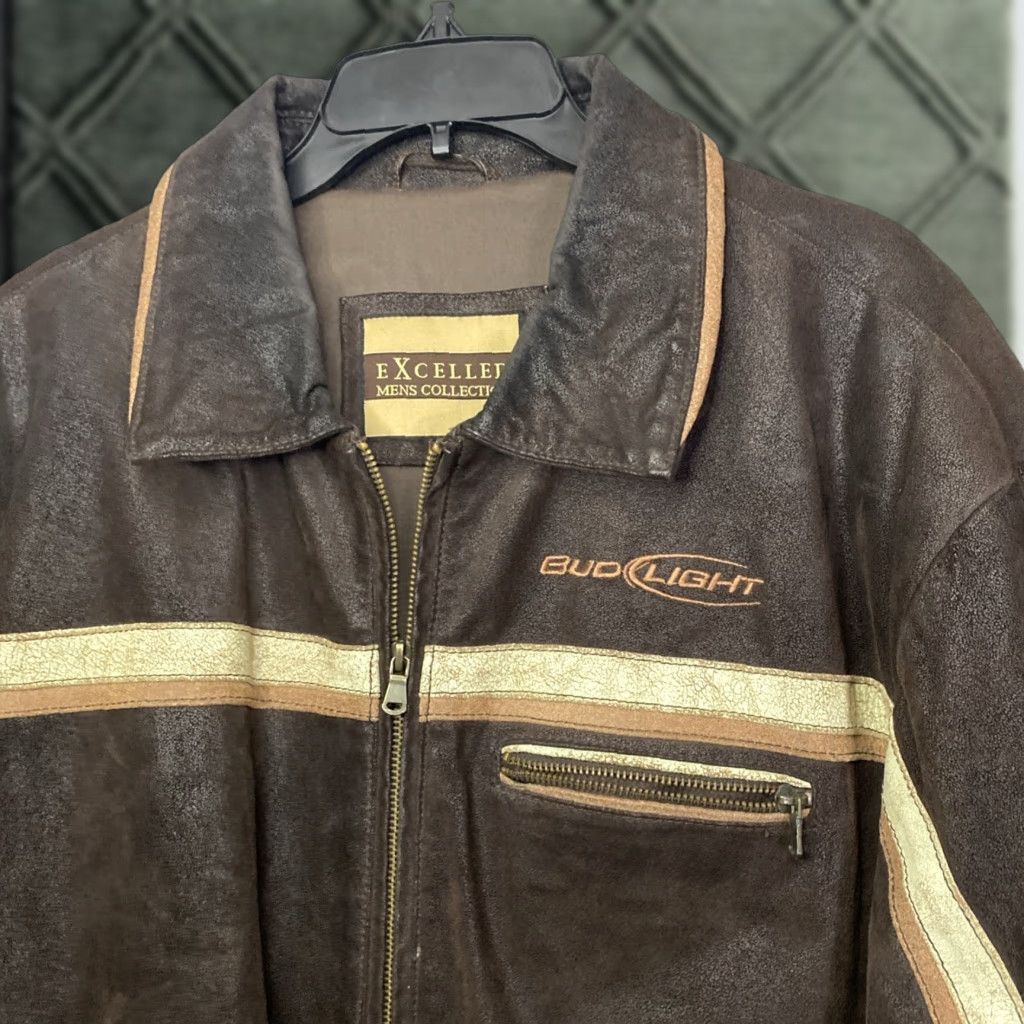 Vintage VINTAGE Bud Light Leather Jacket XL Mens Bomber Jacket Full Zip Brown 90s Beer Logo Embroidered Pockets Vintage Clothing Size US XL / EU 56 / 4 - 1 Thumbnail