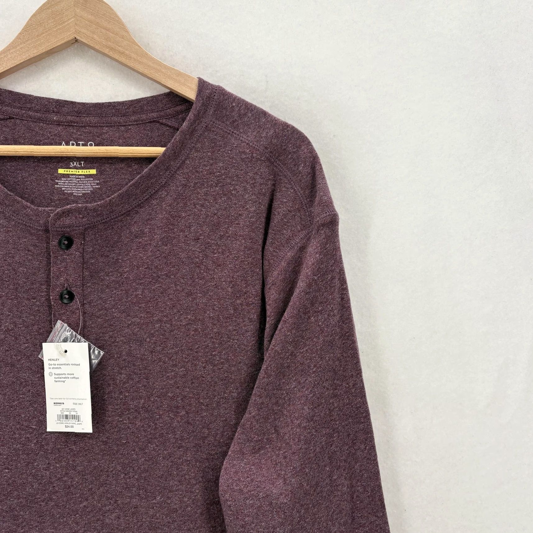 Apt. 9 APT.9 Shirt Mens 3XLT Red Wine Henley Long Sleeve Stretch Tagless Casual Size US XXL / EU 58 / 5 - 2 Thumbnail