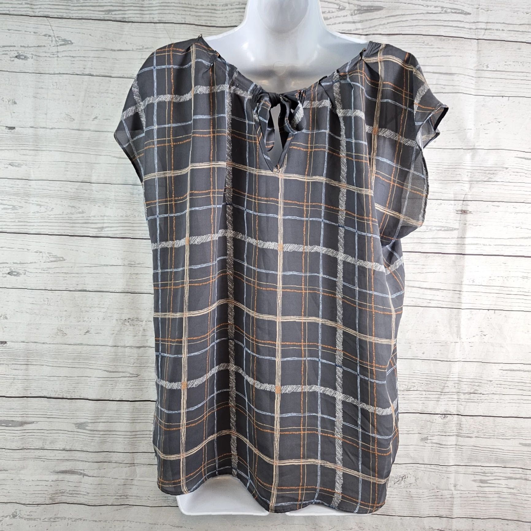 Vintage LC Lauren Conrad Womens Top Blouse XL Gray Orange Plaid Tie Back Shirt Ladies Large Size XL / US 12-14 / IT 48-50 - 3 Thumbnail