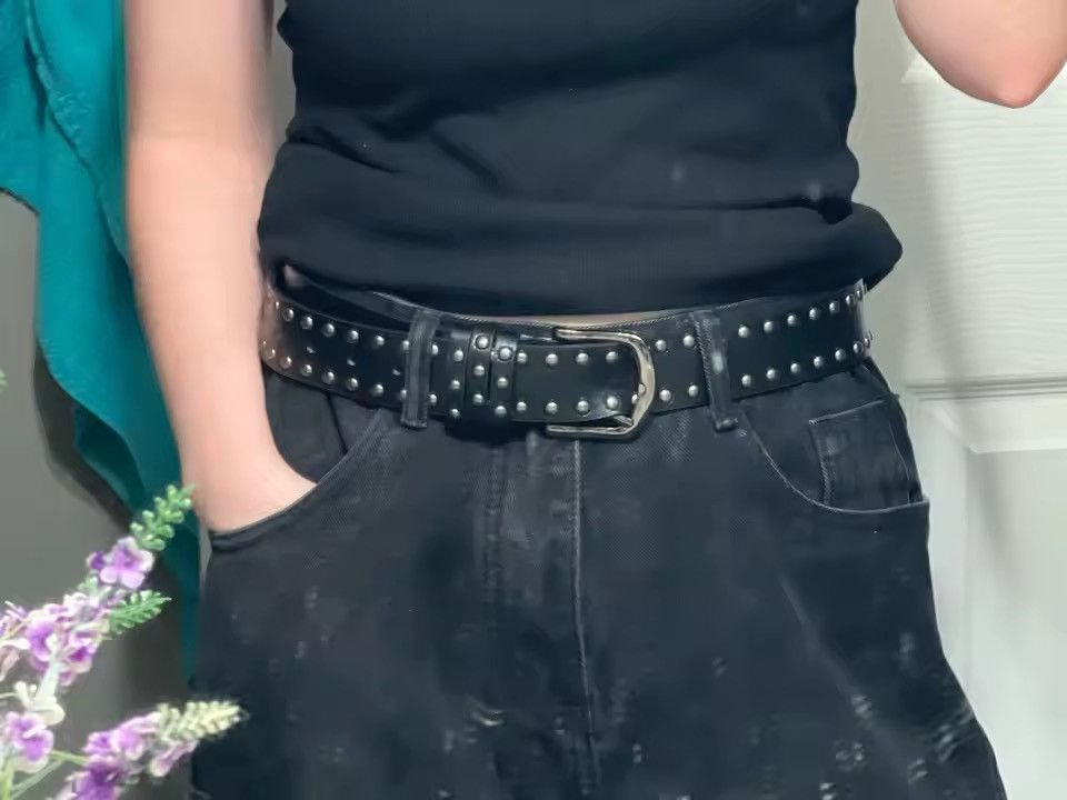 Japanese Brand Vintage Style Studded PU Leather Belt/Double Row Round Rivet Size ONE SIZE - 5 Thumbnail