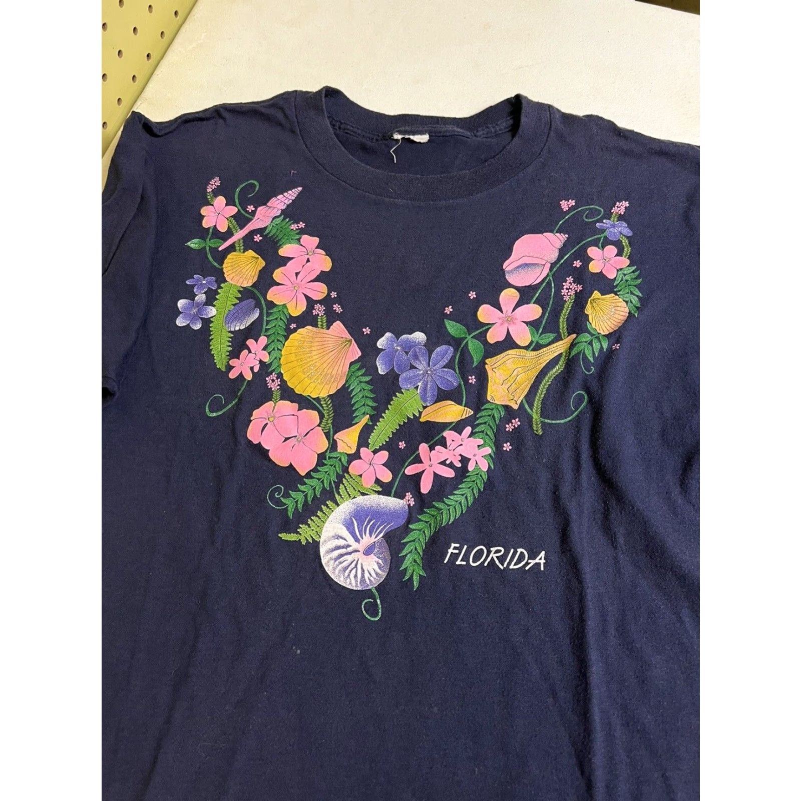 Vintage VINTAGE Florida Floral Rose Glitter T-Shirt Womens L Blue 1990s Cotton Graphic Tourist Single Stitch Tee Size L / US 10 / IT 46 - 4 Thumbnail