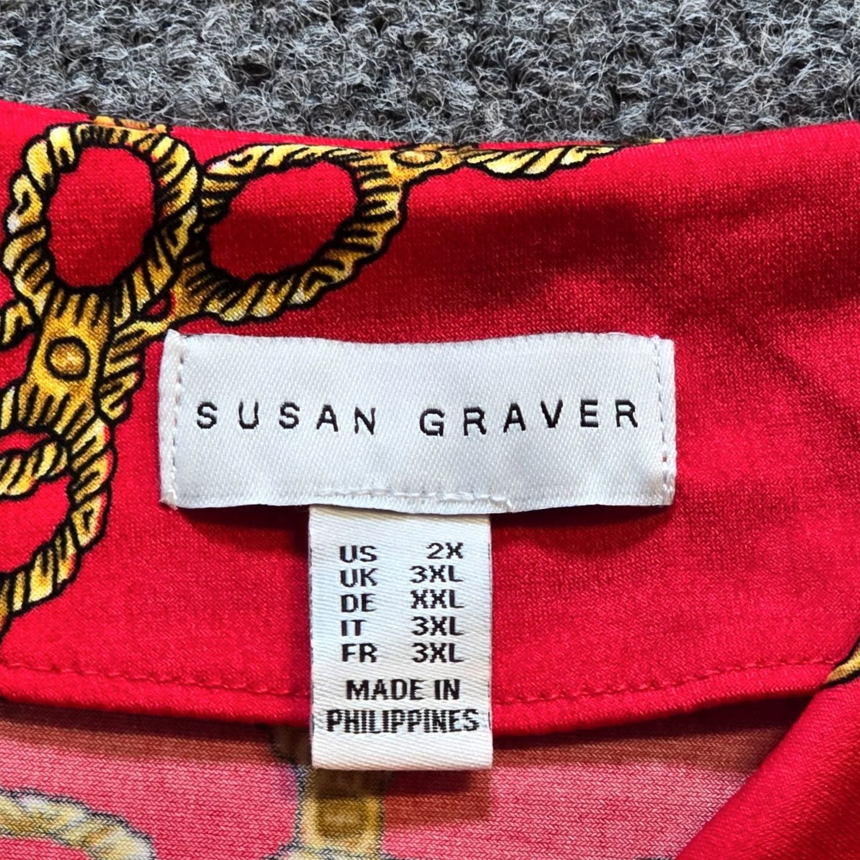 Vintage Susan Graver Top Womens 2X Red Yellow Chains Cowl Neck Blouse Geometric Knit 3/4 Sleeve Stretchy Plus Size Adult Womens Size XXL / US 16-18 / IT 52-54 - 3 Thumbnail