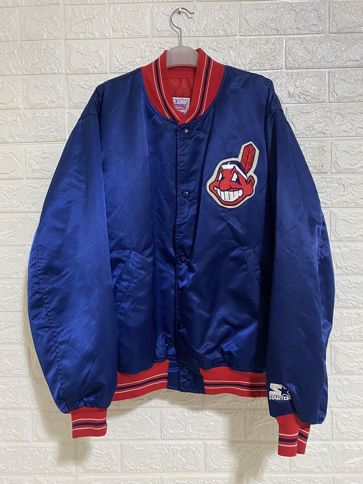 image of Vintage 80’S Cleveland Indians Mlb Satin Starter Jacket in Blue, Men's (Size Large)