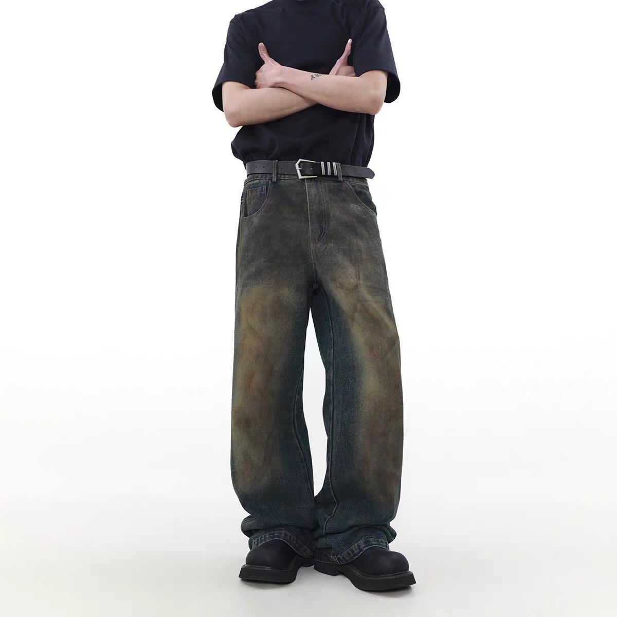 Japanese Brand × Jean Dirty Dye Straight Leg Wide Leg Vintage Jeans Size US 33 - 2 Thumbnail
