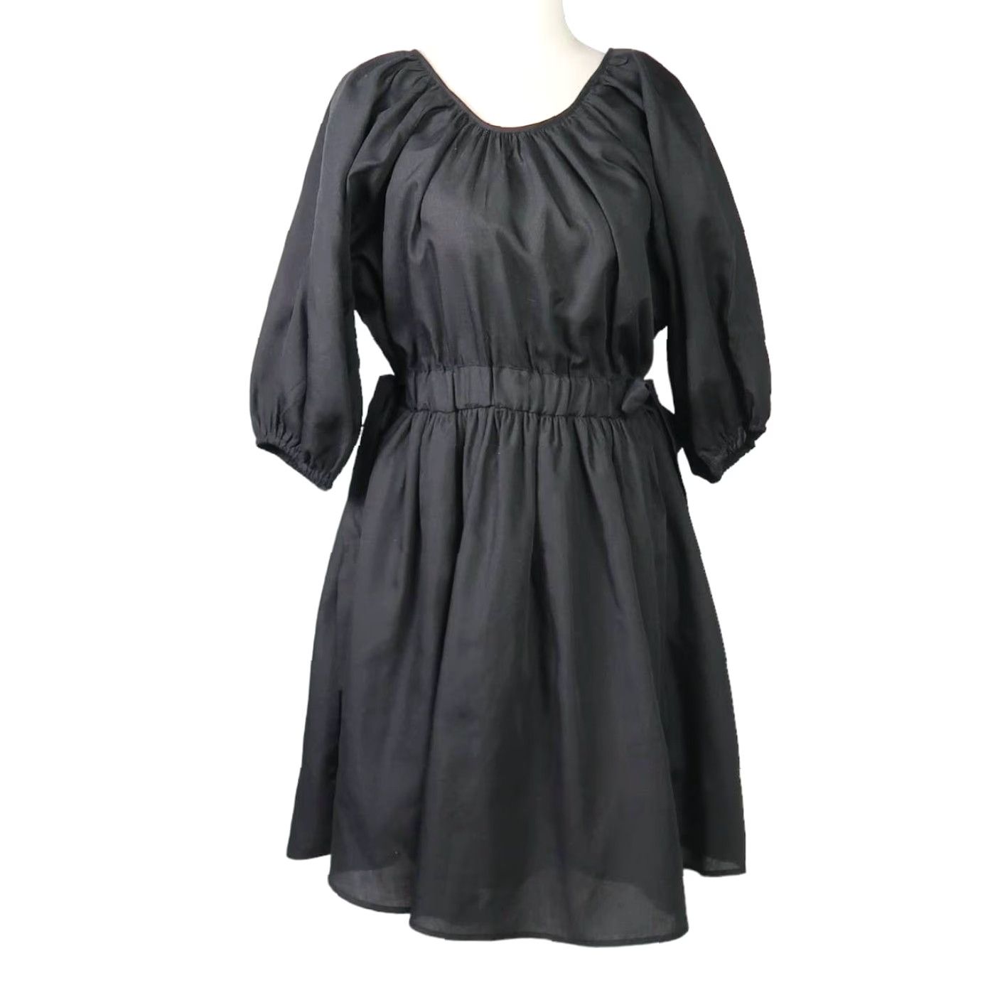 Vintage HYFVE Black Ruched Mini Dress L Women's Dress A-Line Short 3/4 Sleeves Waist Ties Polyester Cotton Adult Large Girls Men none Size L / US 10 / IT 46 - 2 Thumbnail