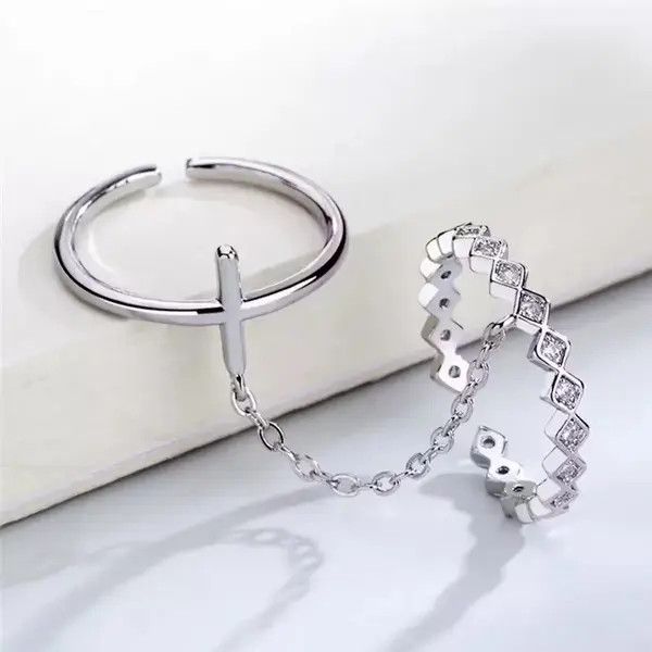 Japanese Brand Geometric Double Ring Cross Chain Open Ring Size ONE SIZE - 3 Thumbnail