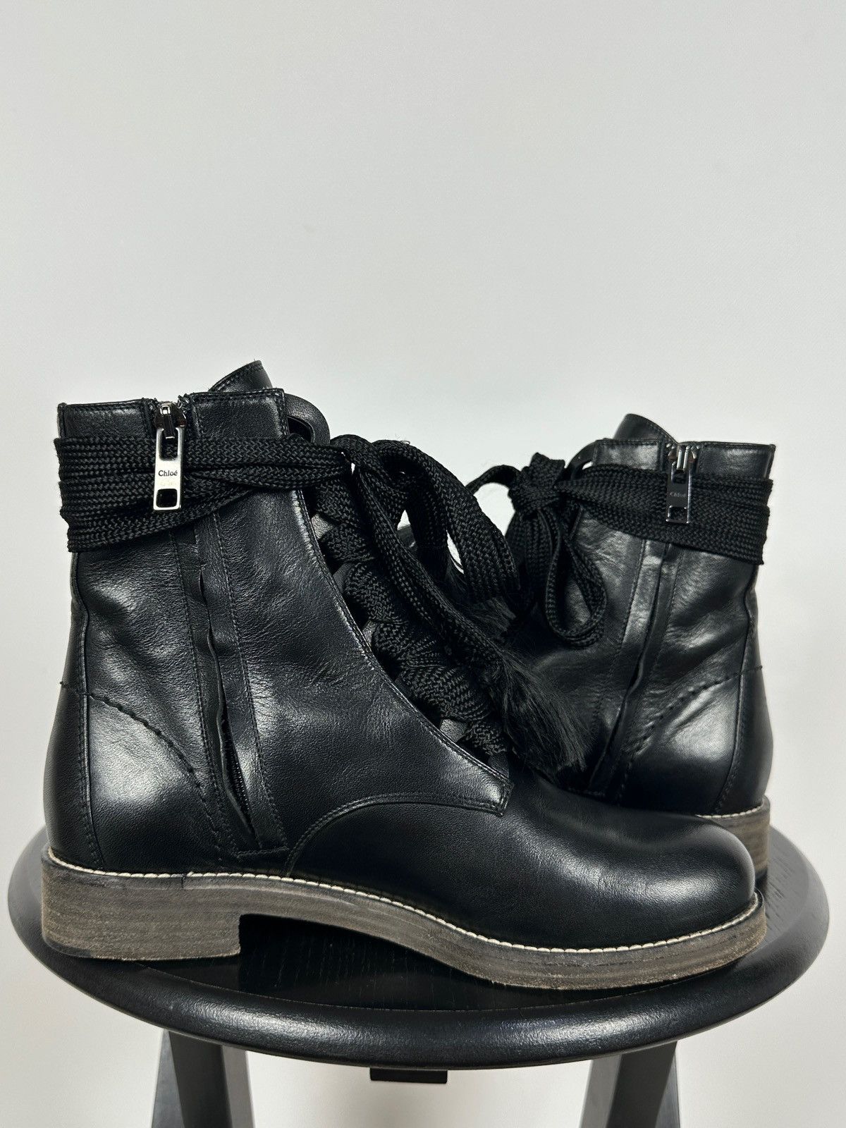 Chloe Chloe Harper Black Leather Combat Lace Up Ankle Boots Size US 6 / IT 36 - 7 Thumbnail