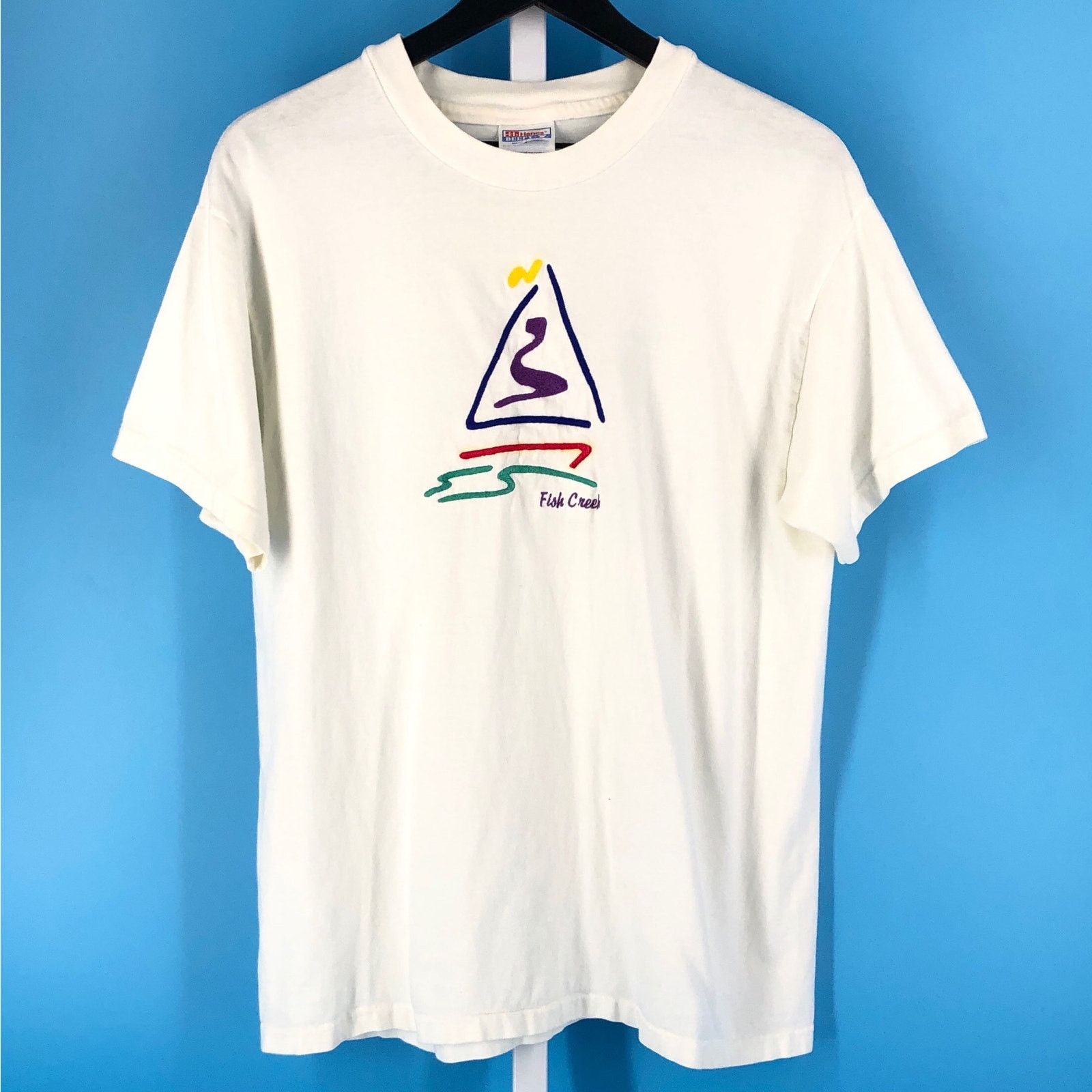 Hanes x Vintage 90's Fish Creek Embroidered Tshirt 1990S Vintage in White, Women's (Size Large)