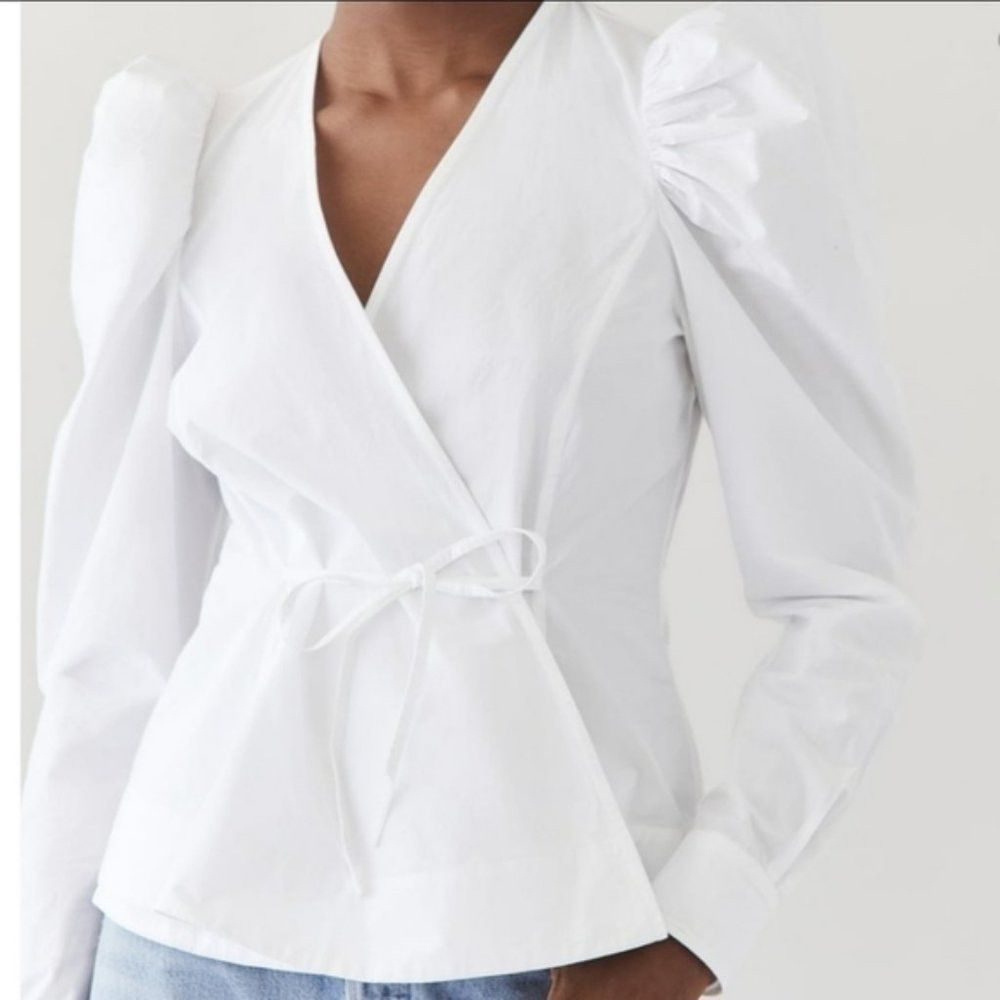 Jason Wu NWT New $165 Jason Wu White Long Puff Sleeve Wrap Blouse Si Size S / US 4 / IT 40 - 1 Thumbnail