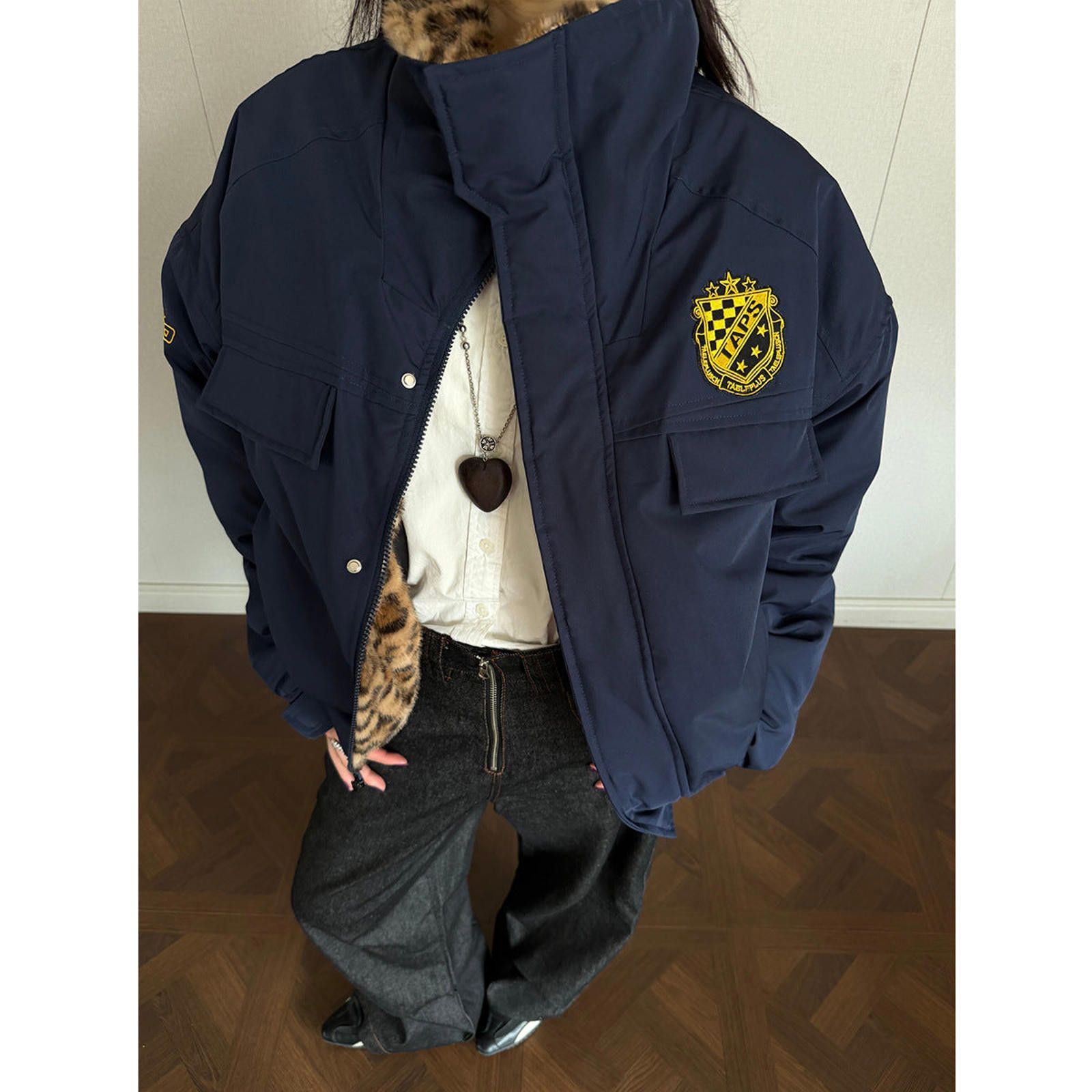Japanese Brand Navy Blue Varsity Jacket with Leopard Faux Fur Lining Size US M / EU 48-50 / 2 - 2 Thumbnail