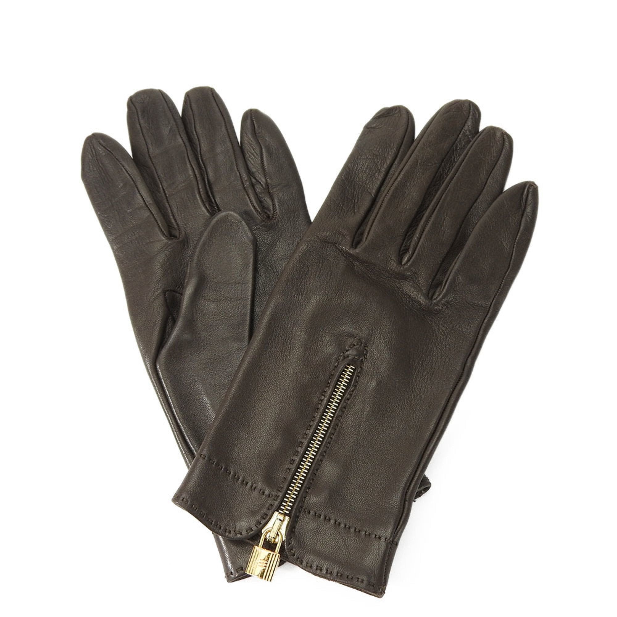 image of Hermes Gloves 7 Lamb Leather Dark Brown Kelly Cadena Women's