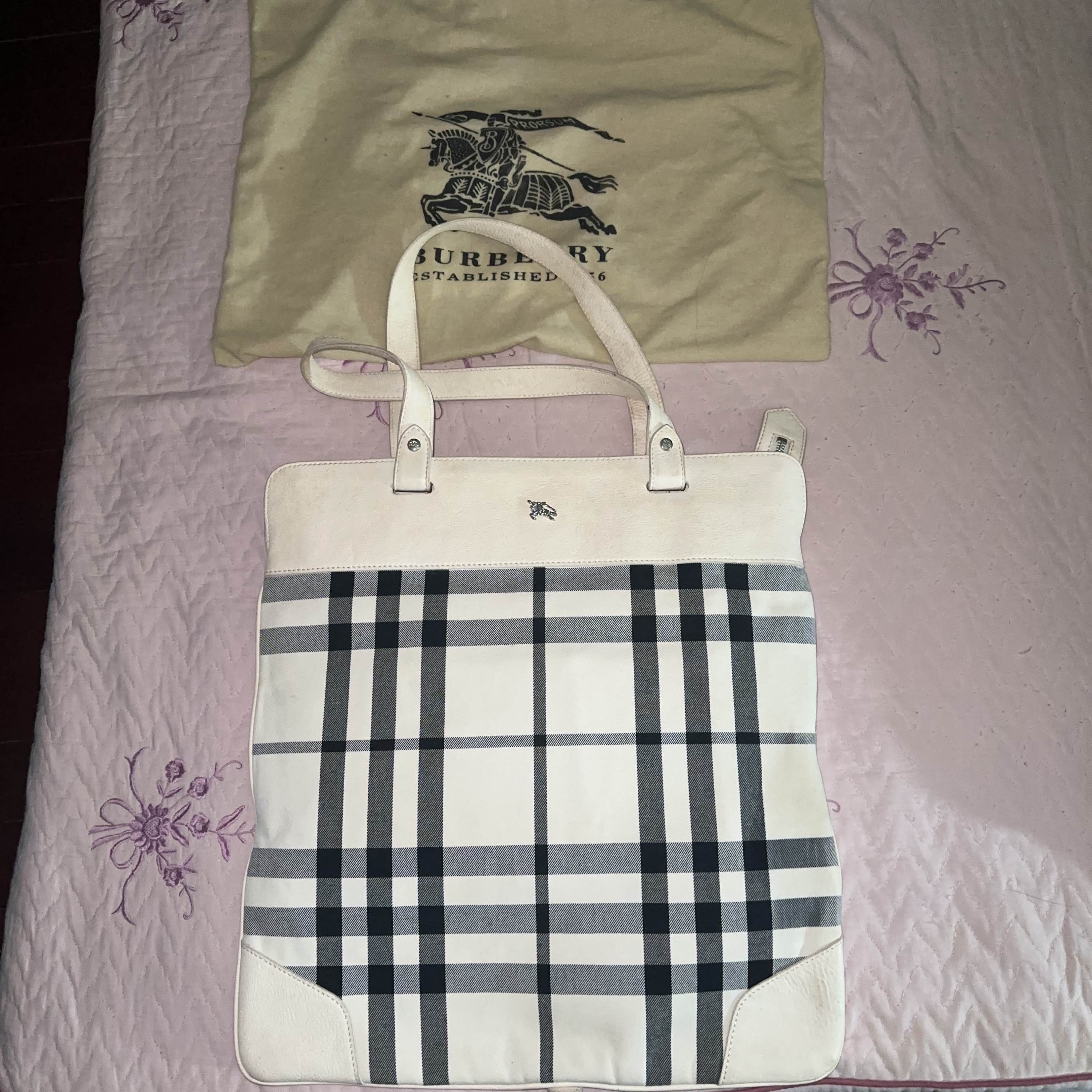 Burberry Check Leather Trim Tote Bag in White, Women's