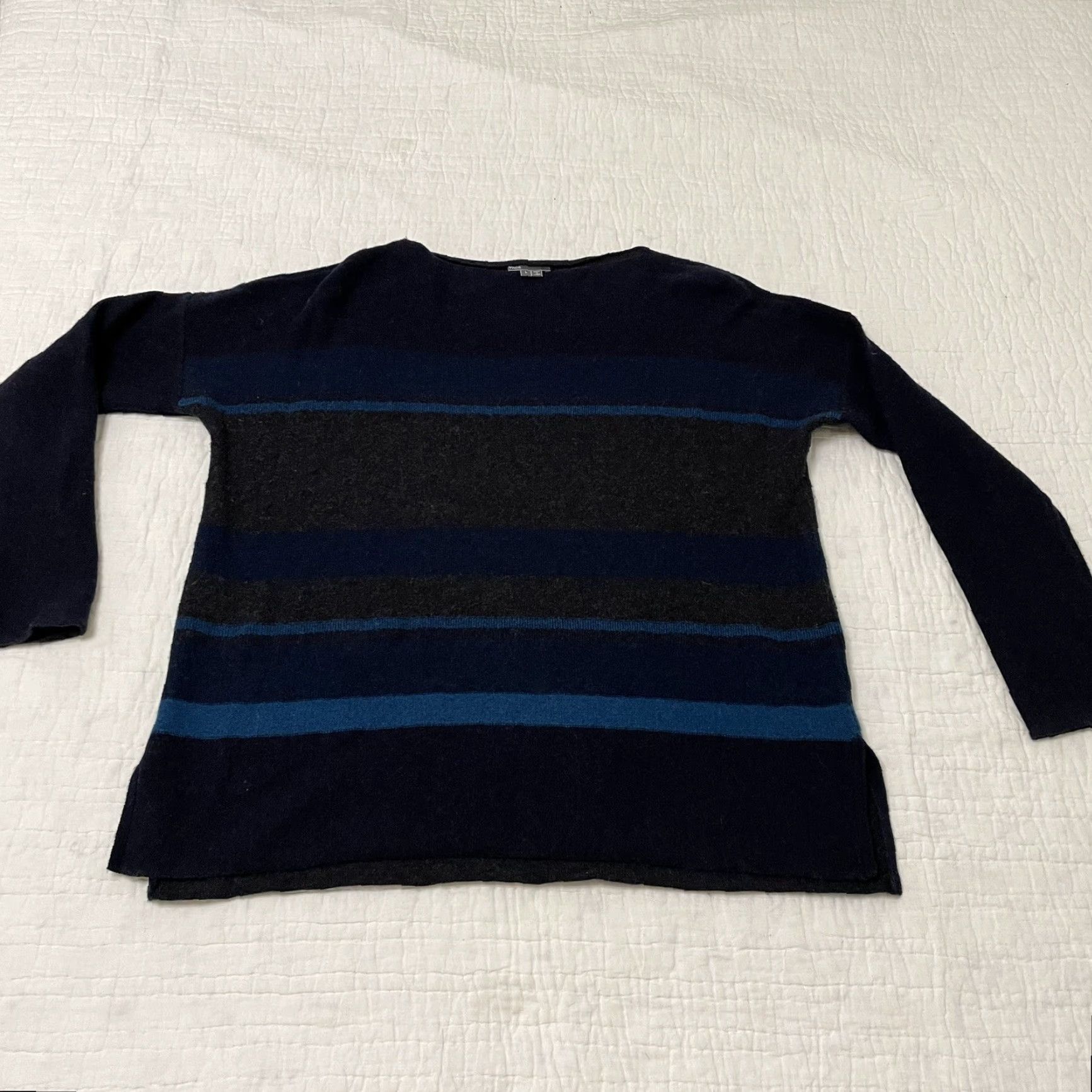 Vince Vince Women's Pullover Sweater L Gray Blue Green Wool Cashmere Oversized Dolman Sleeve Slouchy Knit Stripe Crew Neck Formal/Relaxed Fit Size L / US 10 / IT 46 - 2 Thumbnail