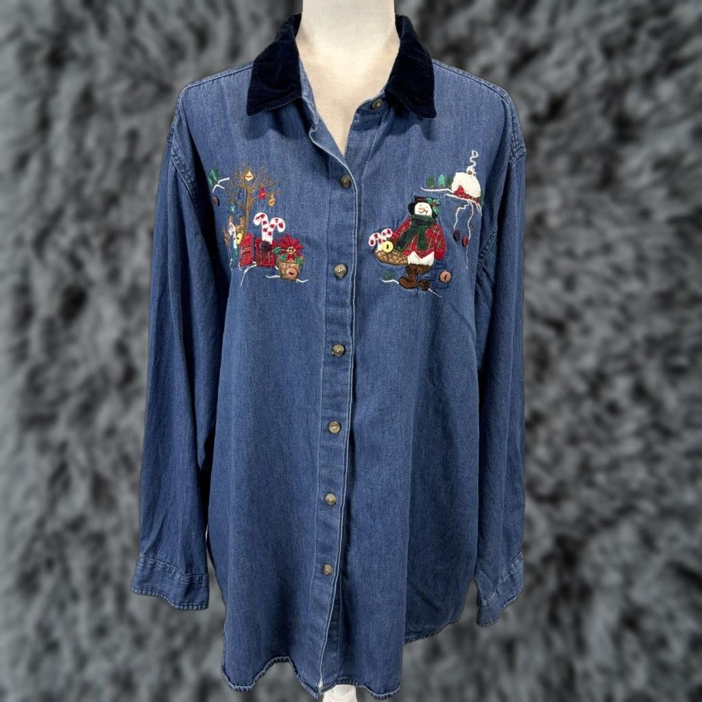 Vintage VINTAGE Studio Collection Denim Christmas Shirt 2X Plus Blue Velvet Collar 90s Womens Size XXL / US 16-18 / IT 52-54 - 1 Thumbnail
