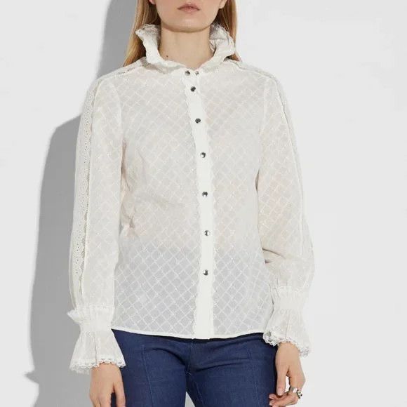 Coach Coach Broderie Anglaise Lace Long Sleeve Top Cottagecore Size XS / US 0-2 / IT 36-38 - 1 Thumbnail