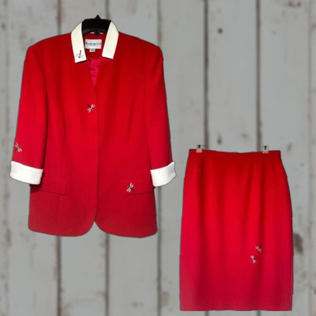 Vintage VINTAGE John Meyer of Norwich RED Dragonfly Blazer Skirt SET Business Suit Women’s Sz 12 Size 34" / US 12 / IT 48 - 1 Thumbnail
