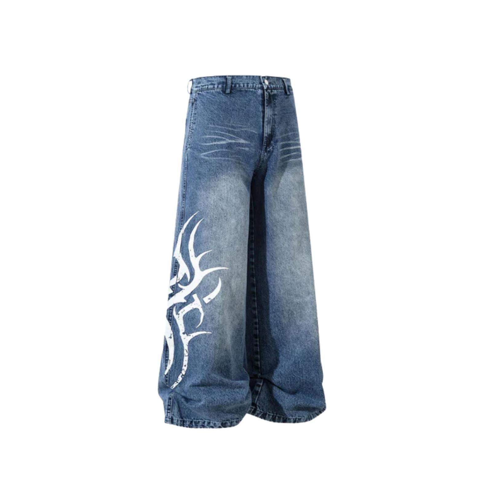 Vintage Washed Wide Leg Tribal Print Baggy Denim Jeans Size 32" / US 10 / IT 46 - 1 Thumbnail