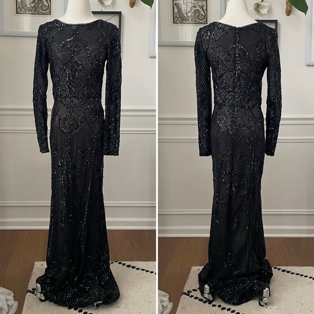 image of Betsy & Adam Black Long Sleeve Formal Gown Sequins $550 4, Women's (Size Small)