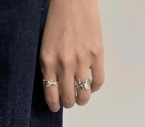 Jewelry Silver Shell and Starfish Open Band Rings, Adjustable Size ONE SIZE - 5 Thumbnail